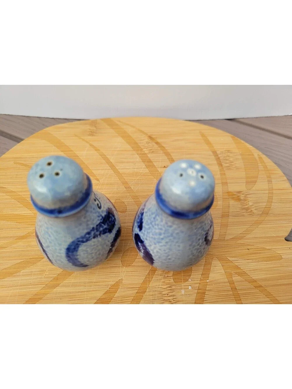 Blue Ceramic Salt Pepper Shakers Set Of 2 Small Brush Swirl Traditional Kitchen